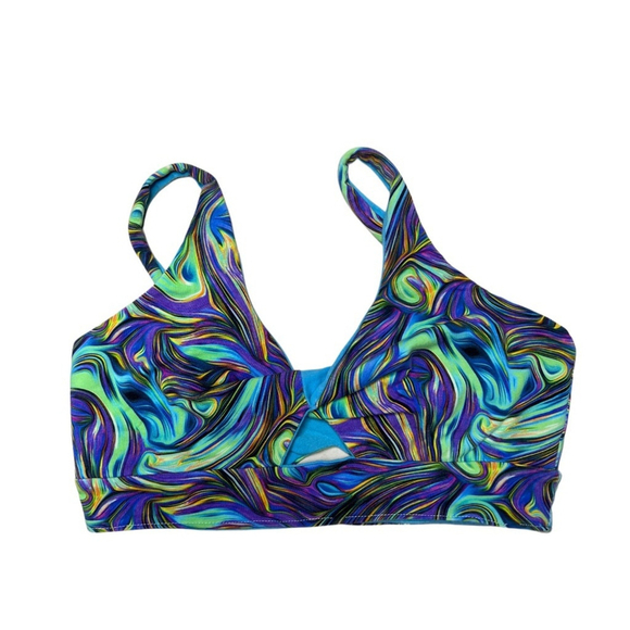 Handmade Twist Bra Marble Abstract Swirl |Blue Aqua Cotton Activewear Top- Small - Picture 2 of 5